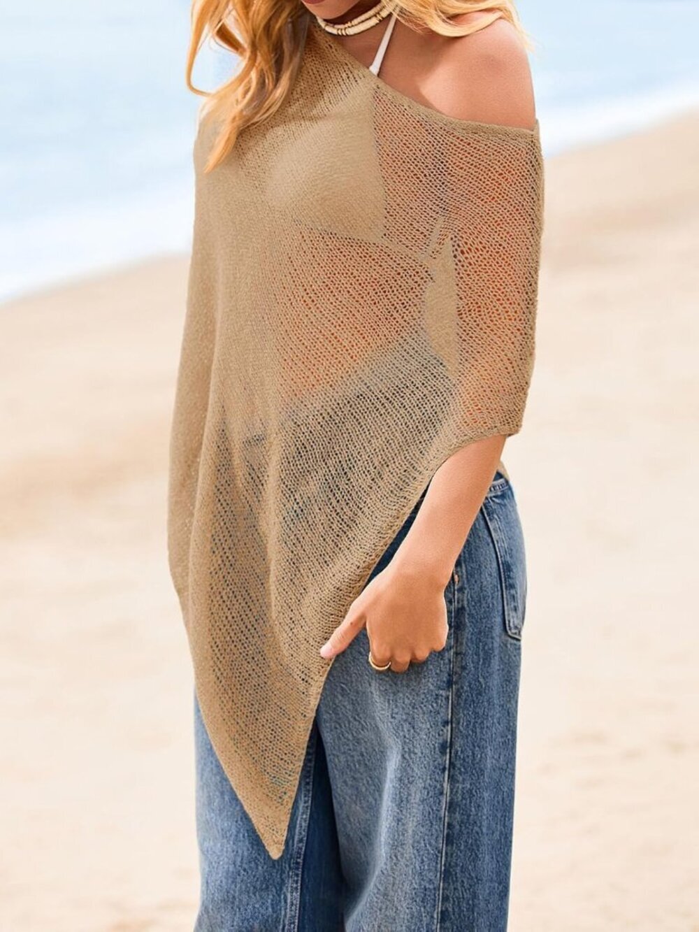 〽️Women's Khaki Lightweight Crochet Knit Mesh Shrug Trendy Sheer Cover Ups